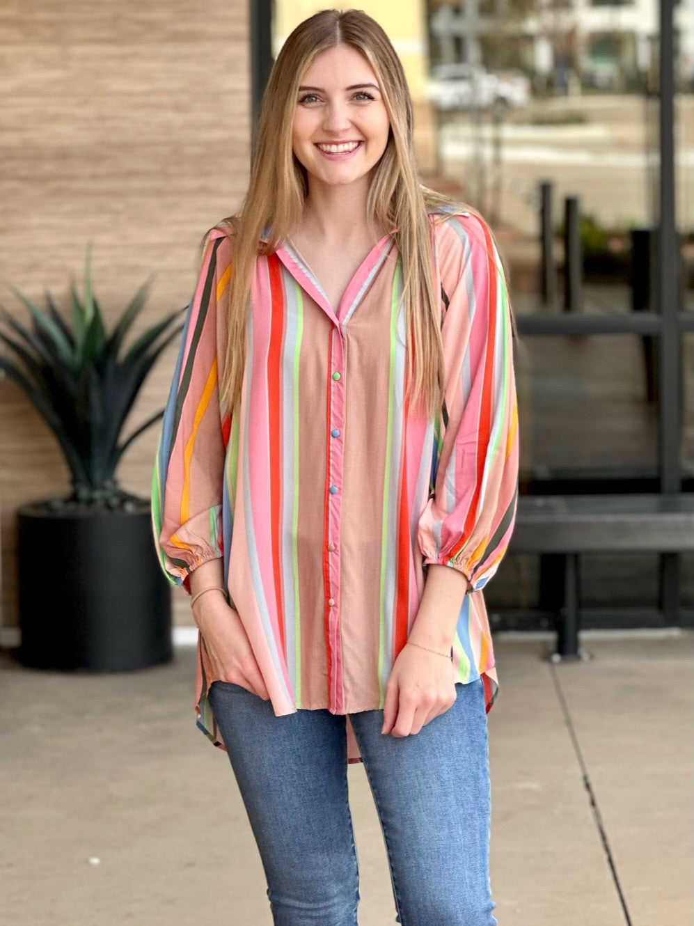 Lexi in blue/pink tunic dress front view hand in pocket
