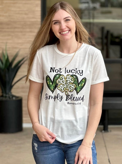 Lexi in simply blessed graphic tee front view smiling