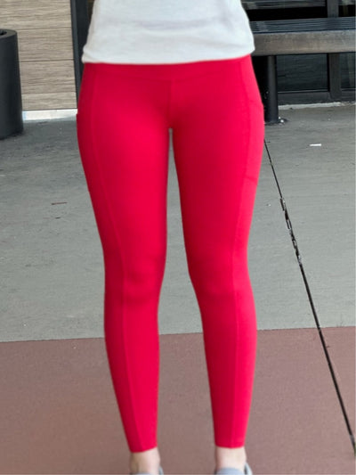 Lexi in ruby leggings front view