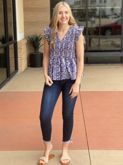 THE LUCKY ONE SMOCKED PRINT TOP - BLUE