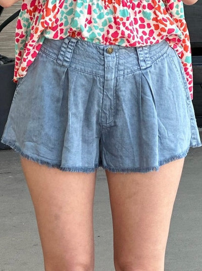 Lexi in washed indigo short front view