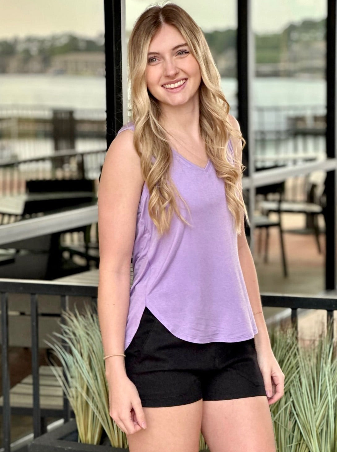 Lexi in taro top front view smiling