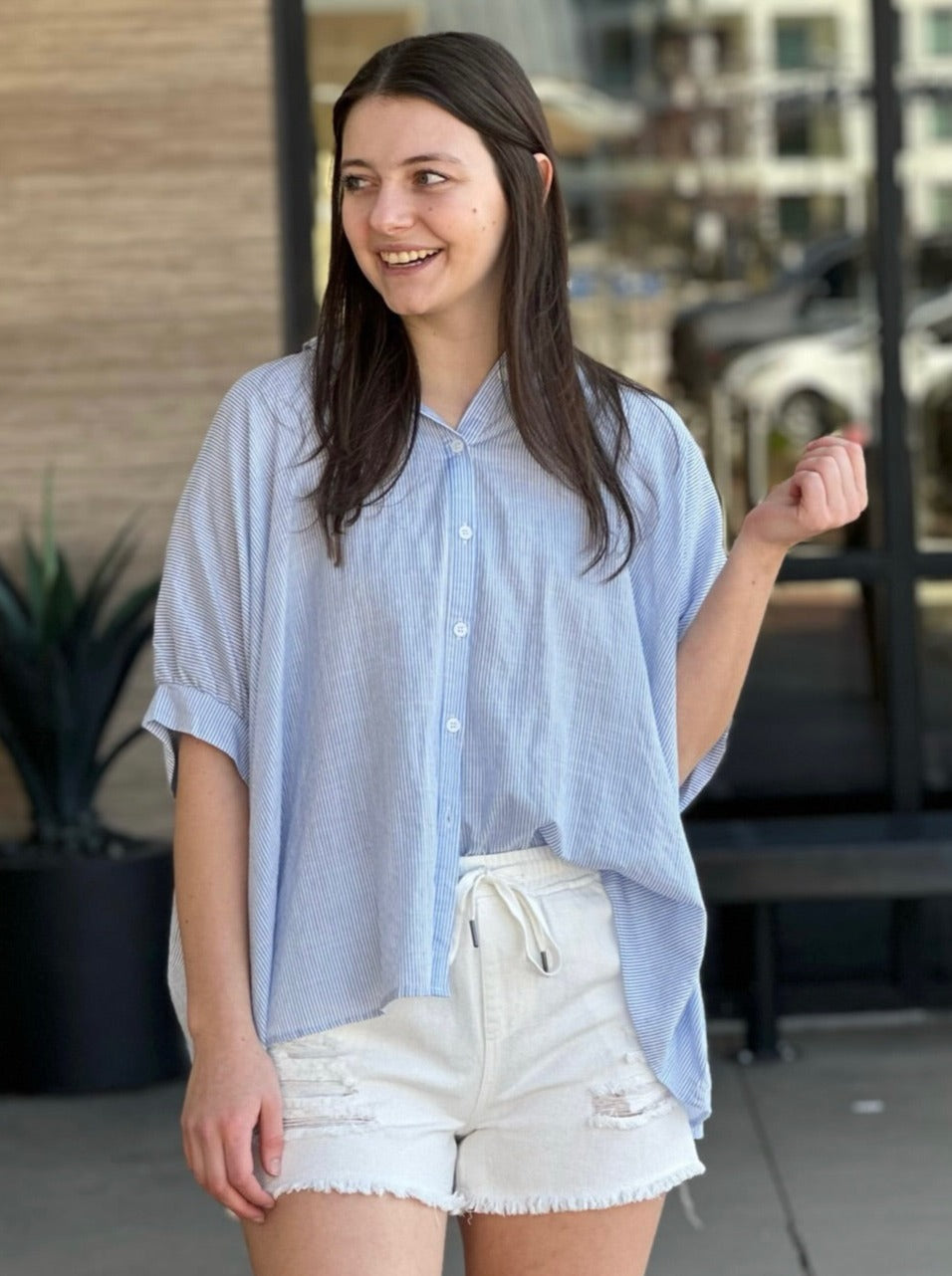 BETTER THAN BASIC STRIPED BUTTON DOWN TOP - BLUE