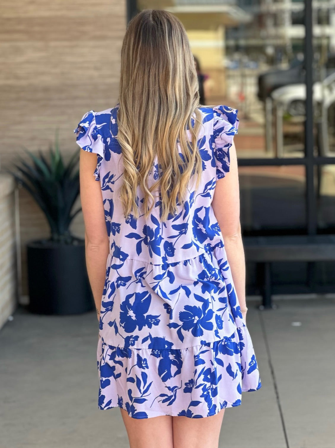 Lexi in lavender dress back view