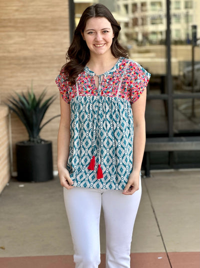 MEGAN IN EMBROIDERED TEAL TOP